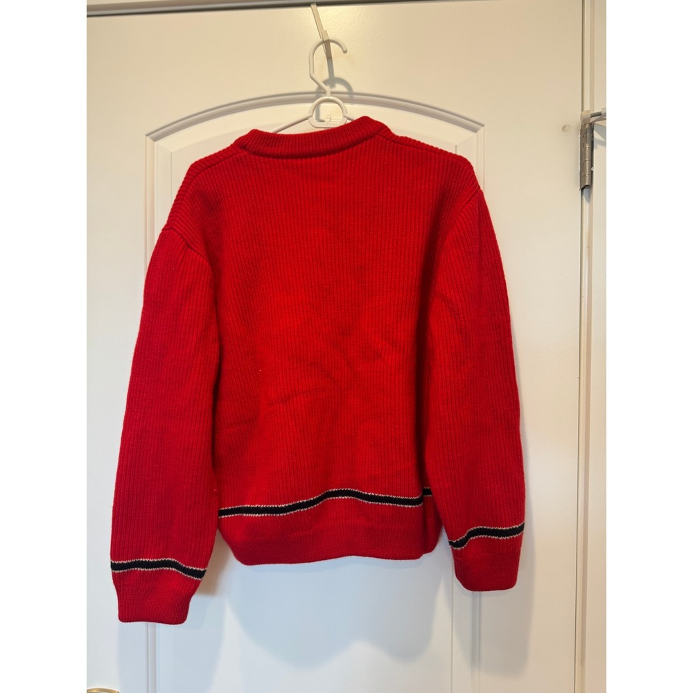 Wool Knit Sweater Red Striped Trim Long Sleeve Pullover - Picture 2 of 4